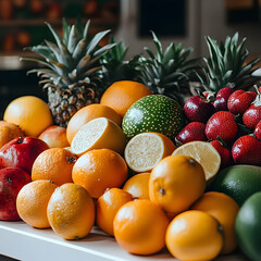 Colorful arrangement of various fresh fruits including oranges lemons and berries