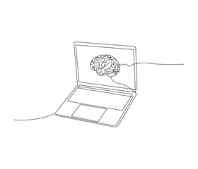 One continuous line drawing of laptop with artificial intelligence. single line illustration of technology day concept. editable concept