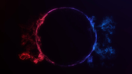 3D glowing sphere with dual-color particles dispersing from center. Sci-fi energy core concept. Ideal for cinematic or tech visuals.