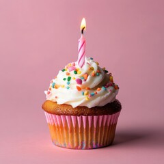 Close up studio shot of a cupcake with white frosting sprinkles and a lit candle on a pink background