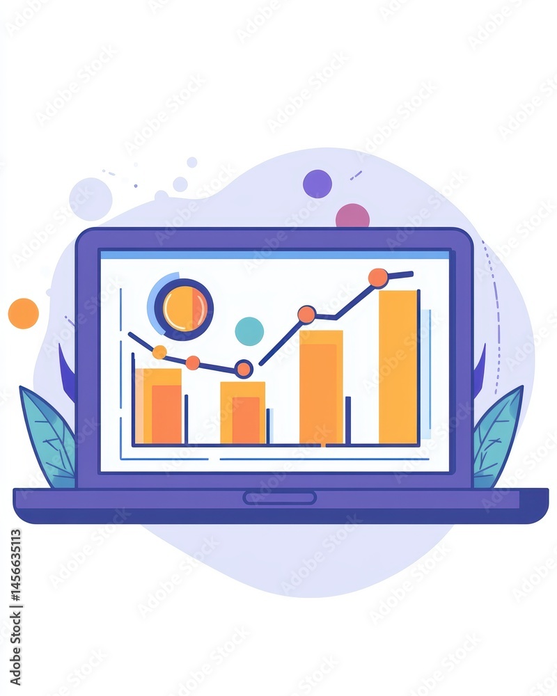 Poster Laptop Showing Business Chart and Data Analysis in Flat Vector Illustration Style for Finance and Investment Decisions
