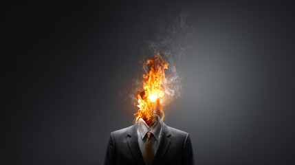 The surreal image features a suited man whose head is ablaze with a fiery explosion, symbolizing the depth of his emotions or the intensity of his thoughts