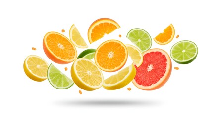 Mixed citrus fruit slices (orange, lemon, lime) in mid-air, with detailed pulp, rind, and subtle shadows, isolated on white

