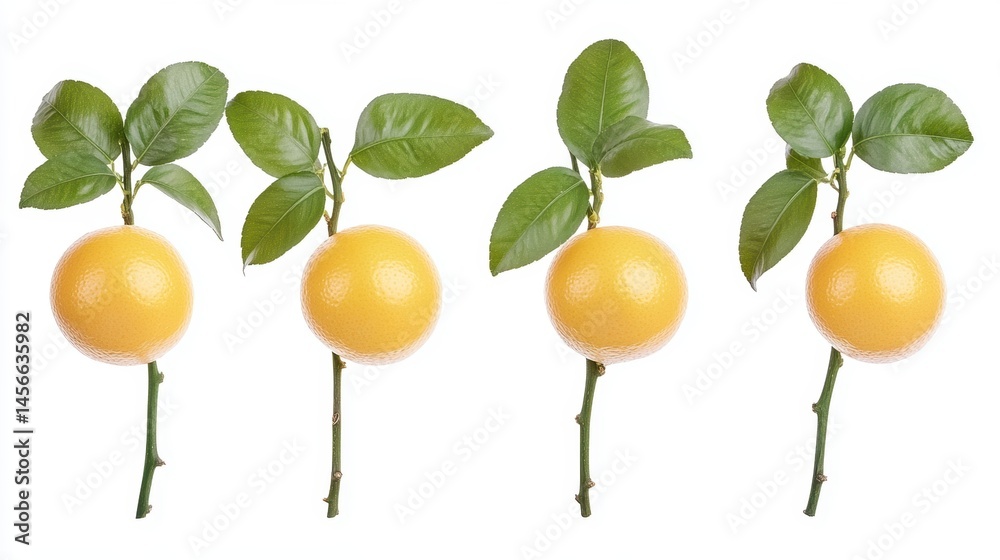 Aufkleber four meyer lemon fruits with leaves on branches studio shot on white background minimal composition
