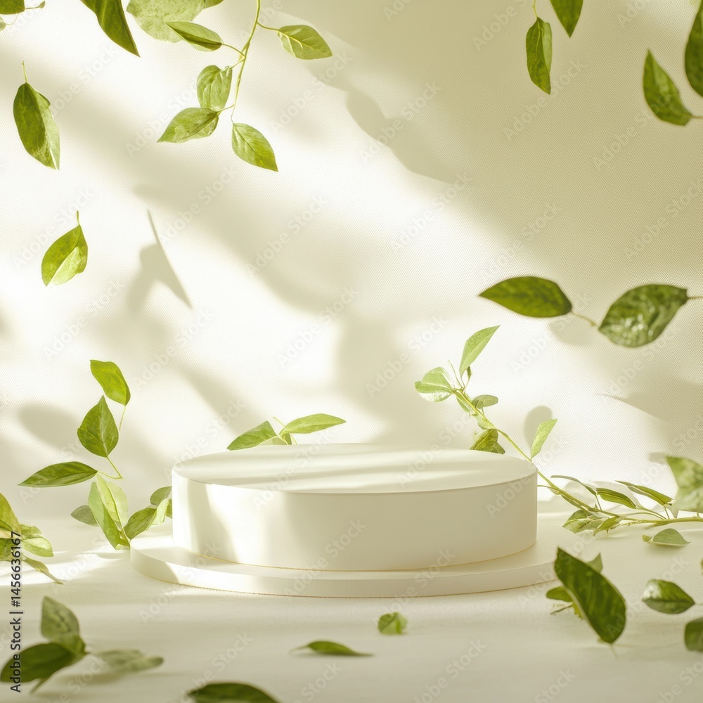 Poster Minimalist product display with round podium and falling green leaves in soft natural light studio setting