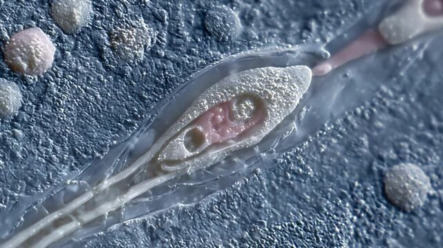 Microscopic view of a single isolated Schistosoma egg showing internal structures in pink and textured surface