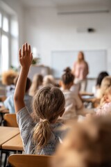 Student raising hand in classroom during geography lesson