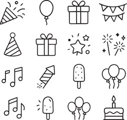 set of outline style birthday party icons 