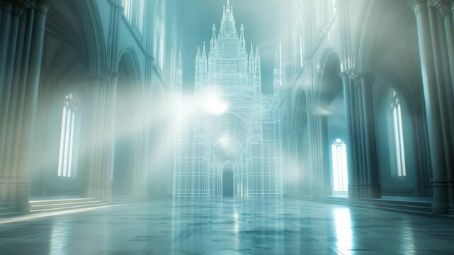 This captivating display of a modern cathedral featuring ambient light and a transparent structure.
