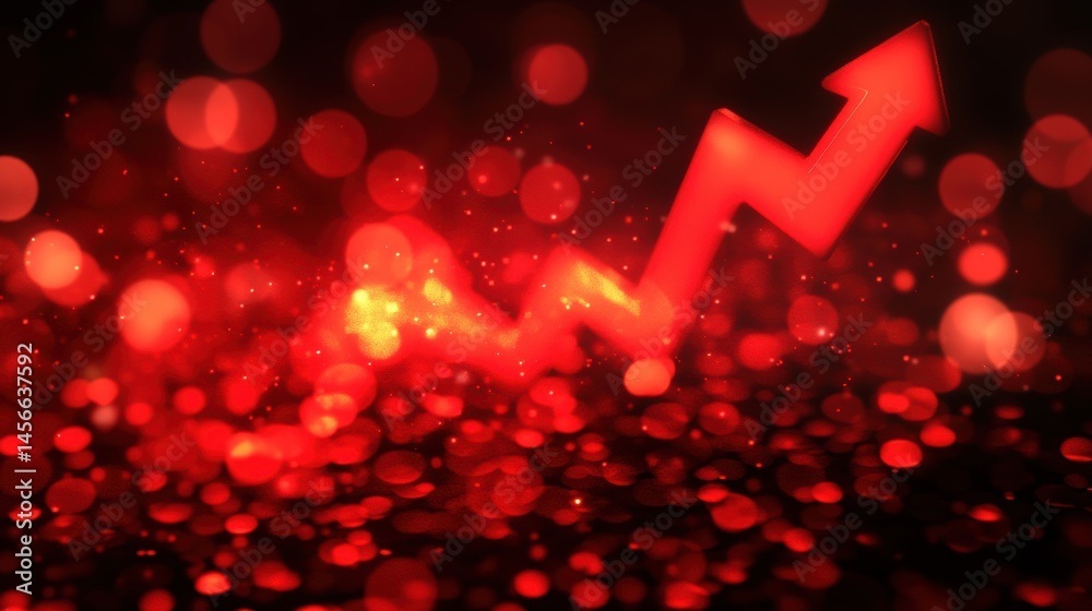 Fototapete red arrow pointing up with bokeh lights for success and growth concept background