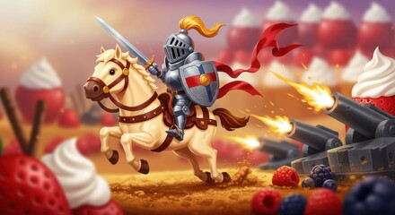 Brave Knight on Horseback Charging Through a Whipped Cream Battlefield