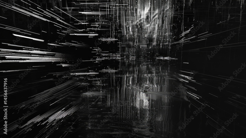 Poster abstract of complex glitch with pixel effect in dark background use shading and monochrome to expres