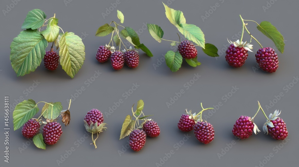Poster studio shot of ripe boysenberries on branches with leaves against a gray background still life close