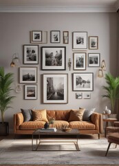 Stylish living room, eclectic gallery wall; mixed frame styles, art pieces, wall accents,  mixed media,  retro