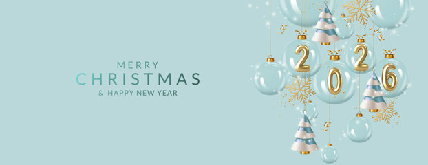 Happy New Year 2026. Christmas and New Year greeting card with balls, golden realistic balloon numbers with christmas trees, ribbon and confetti.	