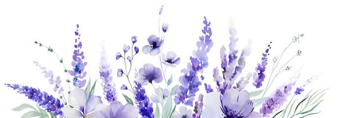Border made of watercolor lavender flowers. Purple wildflowers wedding isolated illustration © katrinshine