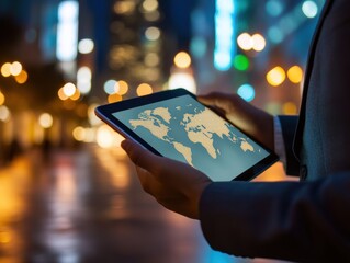 Businessman using tablet with world map in city at night low angle view technology and global business concept