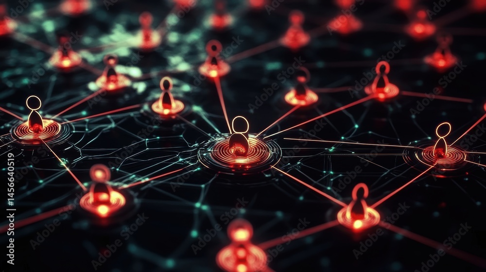 Leinwandbilder Abstract Network of People Connecting with Red Lines on Dark Background in Low Angle View