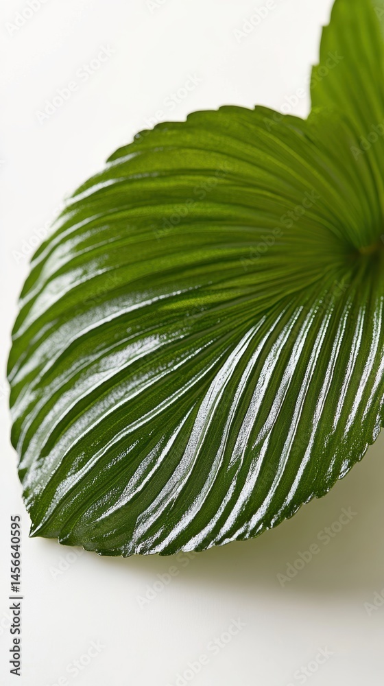 Poster Close up of Lush Green Calathea Leaf Displaying its Unique Texture and Pattern on White Background Studio Shot