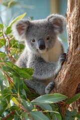 Naklejka premium A koala clings to a tree branch, its fuzzy gray fur contrasting against vibrant green leaves. The animal gazes curiously, showcasing a calm demeanor in a serene Australian forest setting