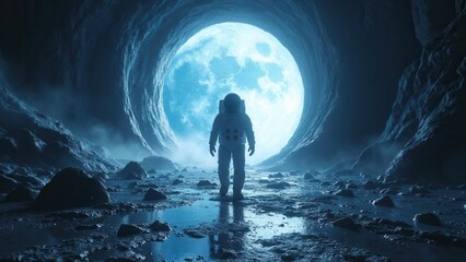Astronaut cosmonaut discovery of new worlds of galaxies, fantasy portal to far universe. Astronaut space exploration, gateway to another universe. .