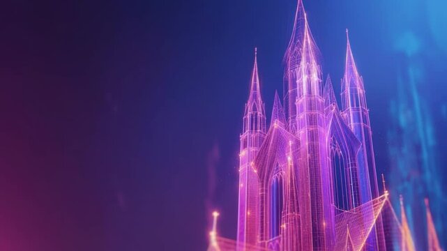 This striking cathedral shines with vibrant light projections that highlight its modern design.