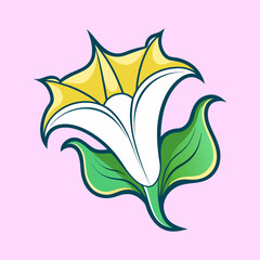 Beautiful Illustration of a Single Yellow and White Flower with Green Leaves on Pink Background