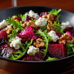 a bowl of beet salad with goat cheese and candied pecans