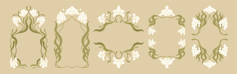 Art Nouveau Floral frames, corners, and borders with Iris. Floral design. Vector.