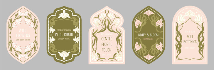 Editable Cosmetic Tags with Floral Design. Art Nouveau Inspired Botanical Labels. Vector.