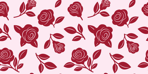 seamless pattern with red roses and leaves, vector illustration on pink background, design for wrapping paper, textile, banner, wallpaper, backdrop,print