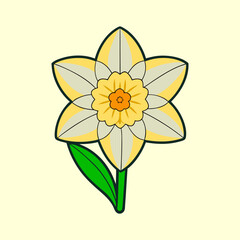 A Simple Illustration of a Yellow Daffodil Flower with Green Stem and Leaf