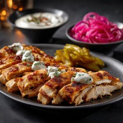 a plate of chicken shawarma with garlic sauce