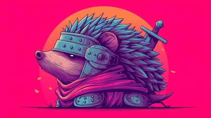 Cute hedgehog warrior in armor with a sword on its back, fantasy cartoon style, vibrant colors, isolated on pink background, digital illustration, perfect for children book or poster.