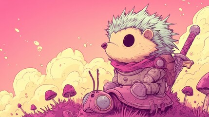 Naklejka premium Cute armored hedgehog warrior with sword sitting on grass, fantasy landscape, pink sky, mushrooms, whimsical adventure, cartoon animal character, digital art.