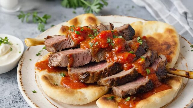 Delicious, Iskender kebab with warm pita and yogurt, Soft lighting, Golden and red tones, Appetizing and filling, Close-up shot
