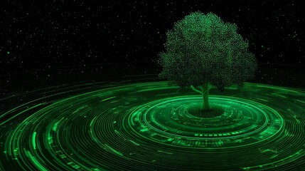 Fototapeta premium Knowledge and technology converge in the form of a symbolic tree, supported by digital roots and extended through branching networks