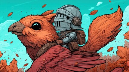 Cute knight in armor riding a big red bird, fantasy adventure scene, autumn leaves, cartoon style, vibrant colors, whimsical character, children illustration, magical world.