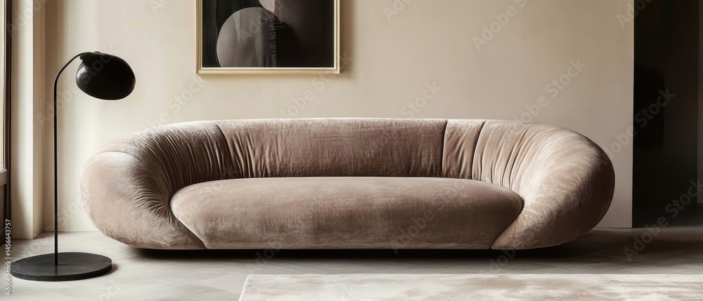 Poster interior design studio shot of modern curved sofa with lamp and art in neutral tones minimalist styl