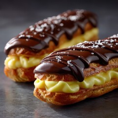 a fresh eclairs with chocolate glaze and custard