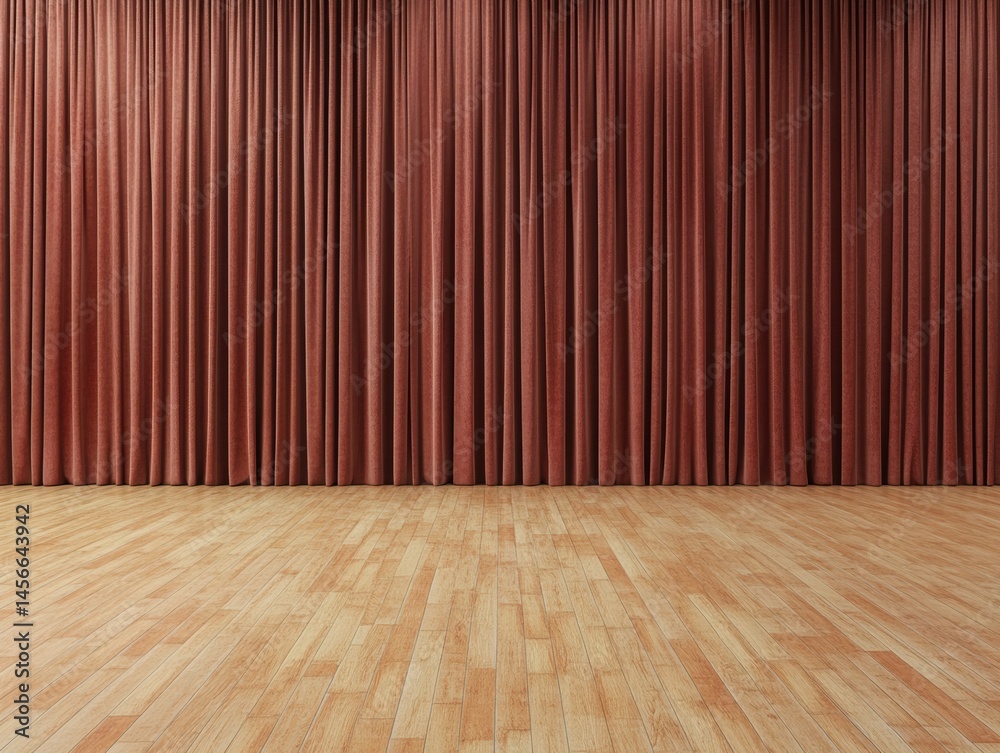 Poster stage backdrop with brown velvet curtains and wooden floorboards in a theater setting for performanc