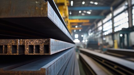 Naklejka premium Stacked Steel Beams in Factory Awaiting Use Low Angle Industrial Strength Material Metalwork