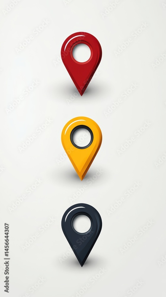 Poster three colorful location pins in vertical alignment on white background studio shot illustration