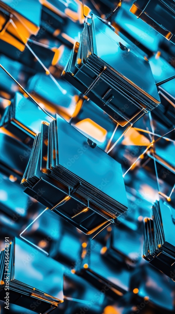 Aufkleber abstract metallic cubes floating in blue and orange light close up futuristic design concept