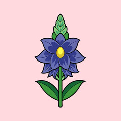 A Vibrant Illustration of a Stylized Blue Flower with Green Leaves and Stem on a Pink Background