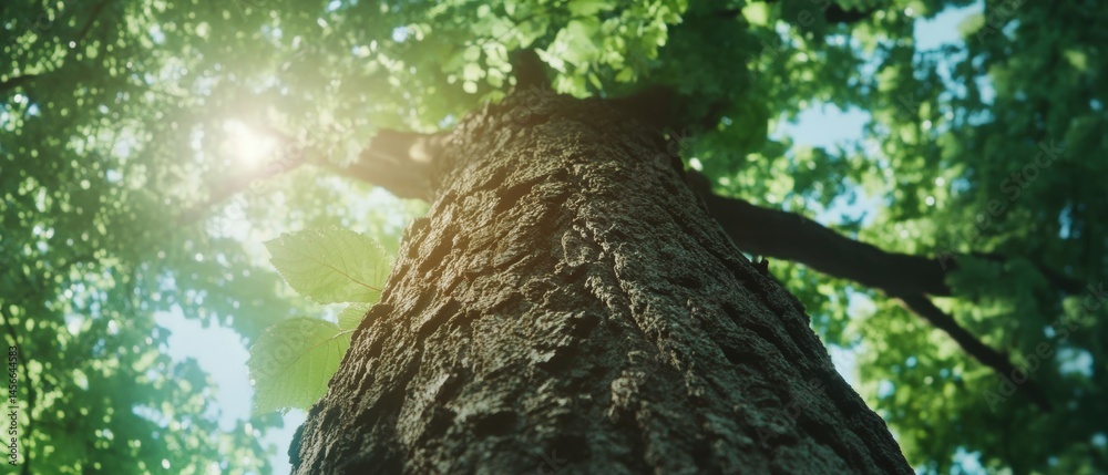 Aufkleber worm's-eye view of tall tree trunk reaching for sky with green leaves and sunlight in forest canopy