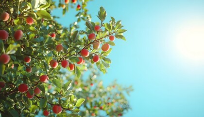 Fototapeta premium Fresh Fruit Tree with Bright Sunlight and Blue Sky Background