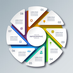 Infographic cycle diagram with 8 steps. Vector circular template that can be used for reports, business analytics, marketing materials, visualizing data, brochures, presentations.