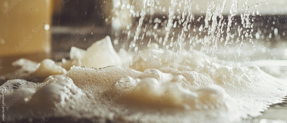 Aufkleber close up of beer being poured creating foam bubbles and splashing water drops in a glass macro shot 