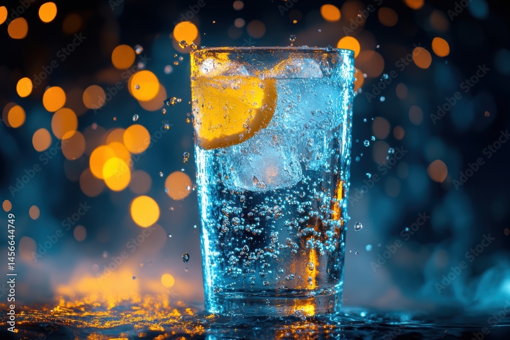 Aufkleber Refreshing drink with lemon and ice in glass with bubbles and water droplets studio shot with bokeh background